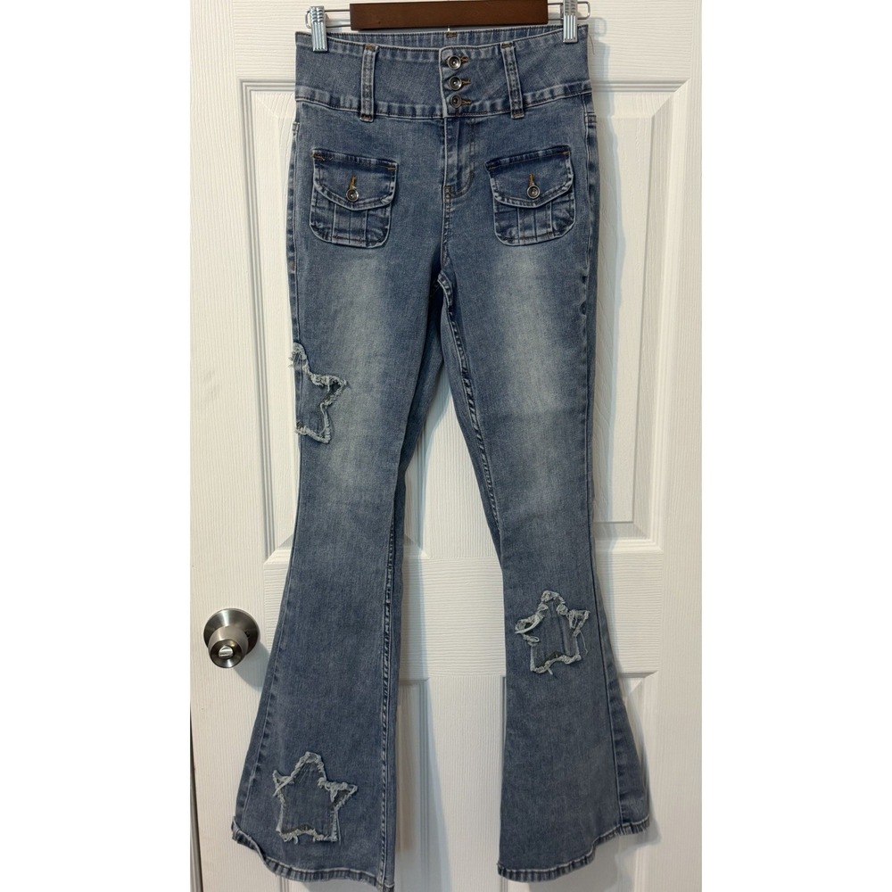 Y2K Hot Topic Star Patch Retro Boho Hippie Flare Denim Jeans Juniors Size 3